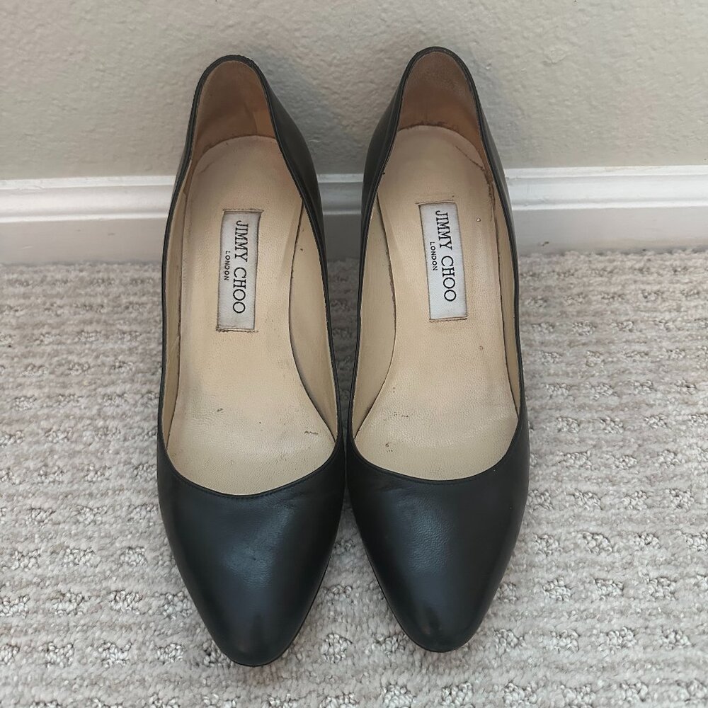 Jimmy Choo Black Leather Pumps, Size 38 (US 7.5/8) Almond Toe Heels